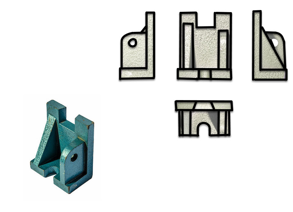 Planta, alzado y perfil de una pieza compleja